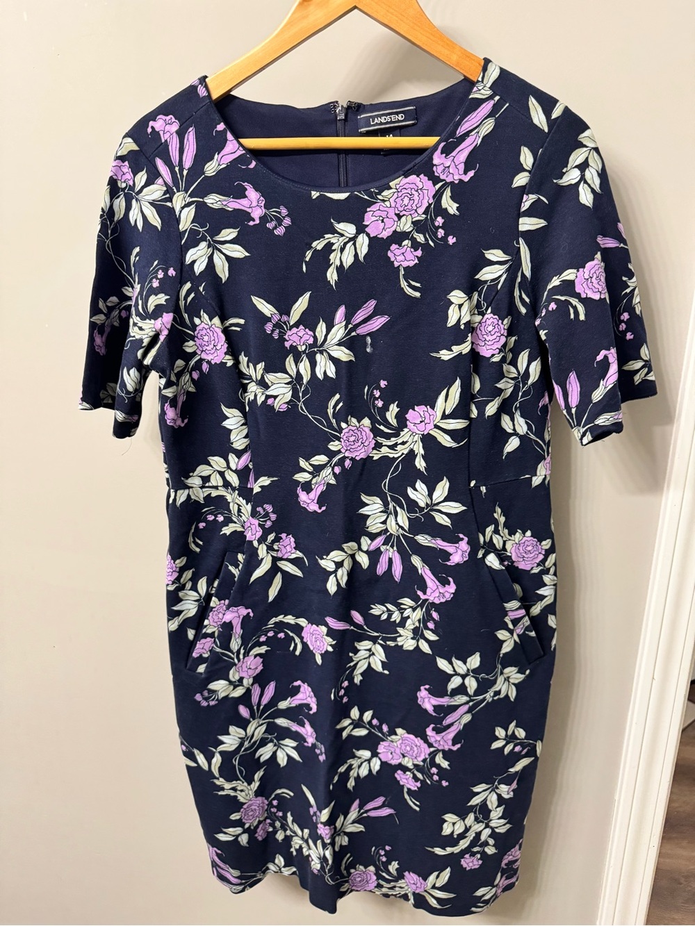 Lands' End Navy Floral Midi Dress with Lavender Blooms